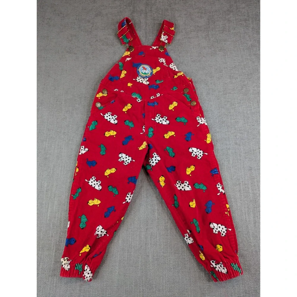 OshKosh B'gosh Overalls Toddler 4T Red Corduroy Kennel Klub Puppy Print Vintage